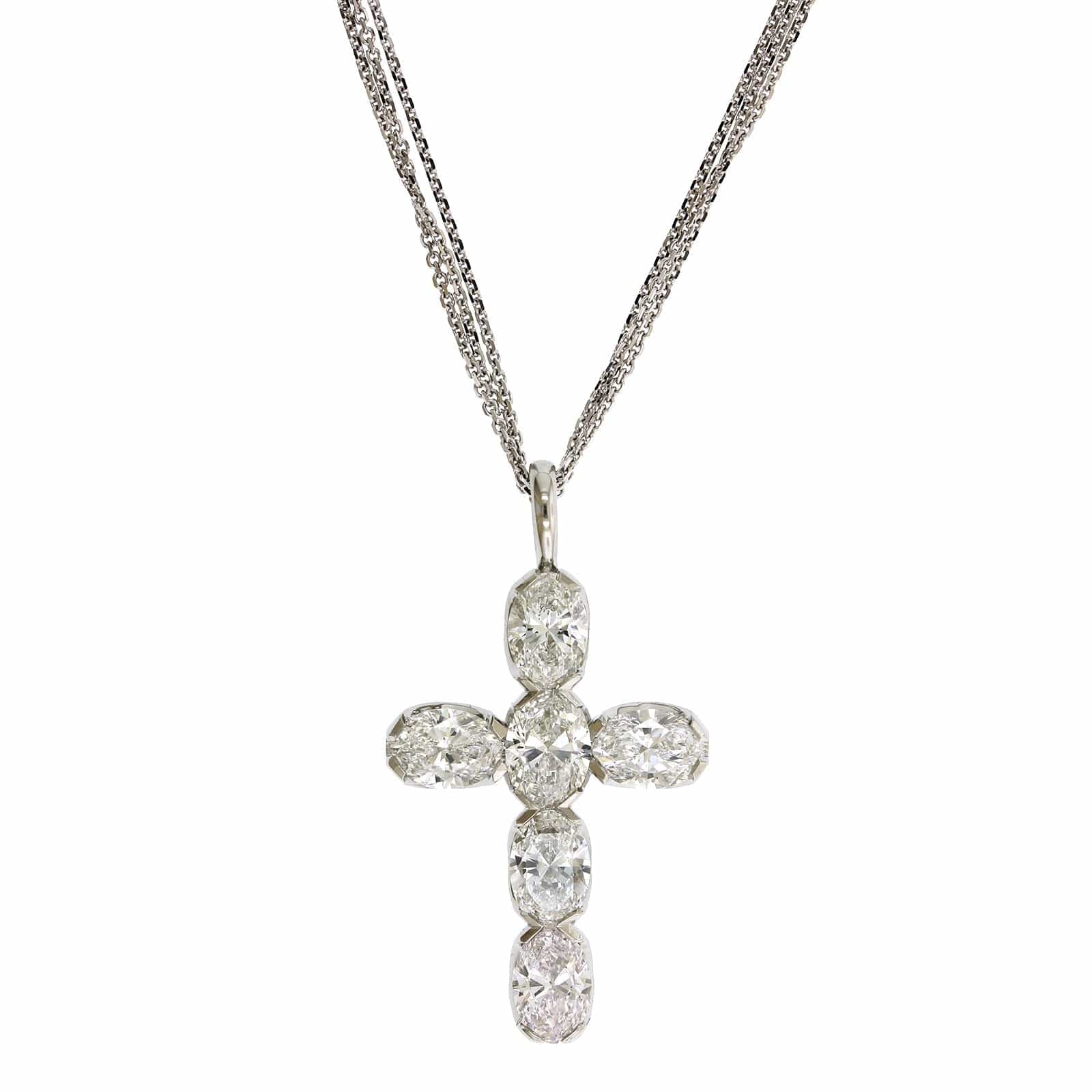 18K White Gold Oval Cut Diamond Cross Pendant
