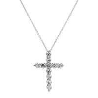 14K White Gold Shared Prong Diamond Cross Pendant Necklace
