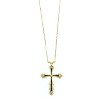 18K Yellow Gold Black Enamel and Diamond Cross Necklace