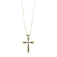 18K Yellow Gold Blue Enamel and Diamond Cross Necklace