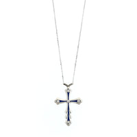 18K White Gold Blue Enamel and Diamond Cross Necklace