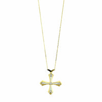 18K Yellow Gold White Enamel and Diamond Short Cross Necklace