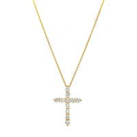 14K Yellow Gold Shared Prong Diamond Cross Pendant Necklace