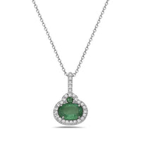 14K White Gold Emerald Diamond Halo Necklace