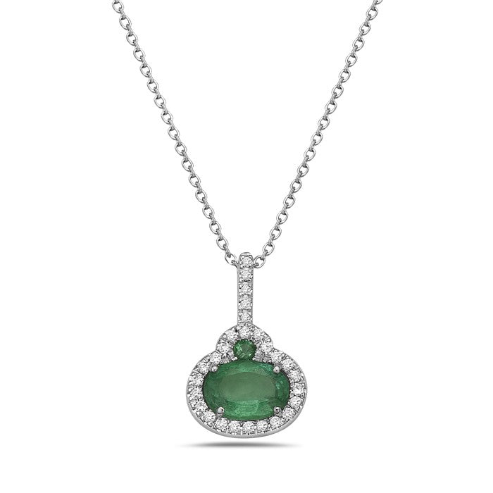14K White Gold Emerald Diamond Halo Necklace