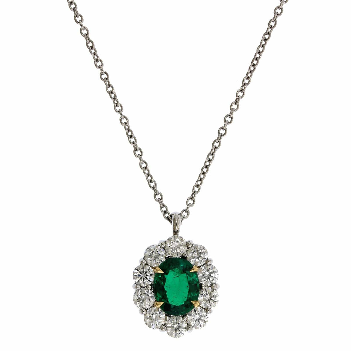 Platinum Oval Emerald Diamond Halo Pendant