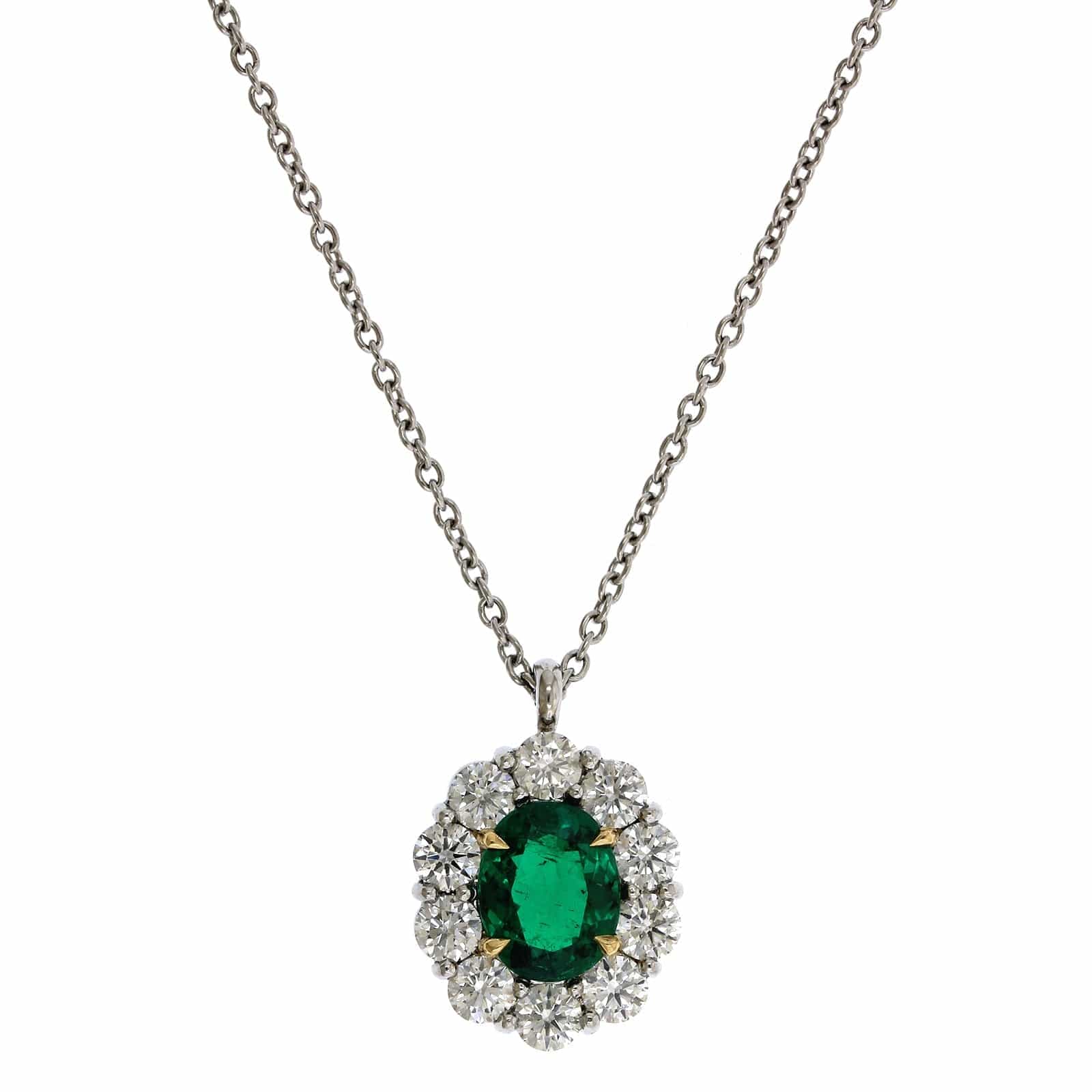 Platinum Oval Emerald Diamond Halo Pendant