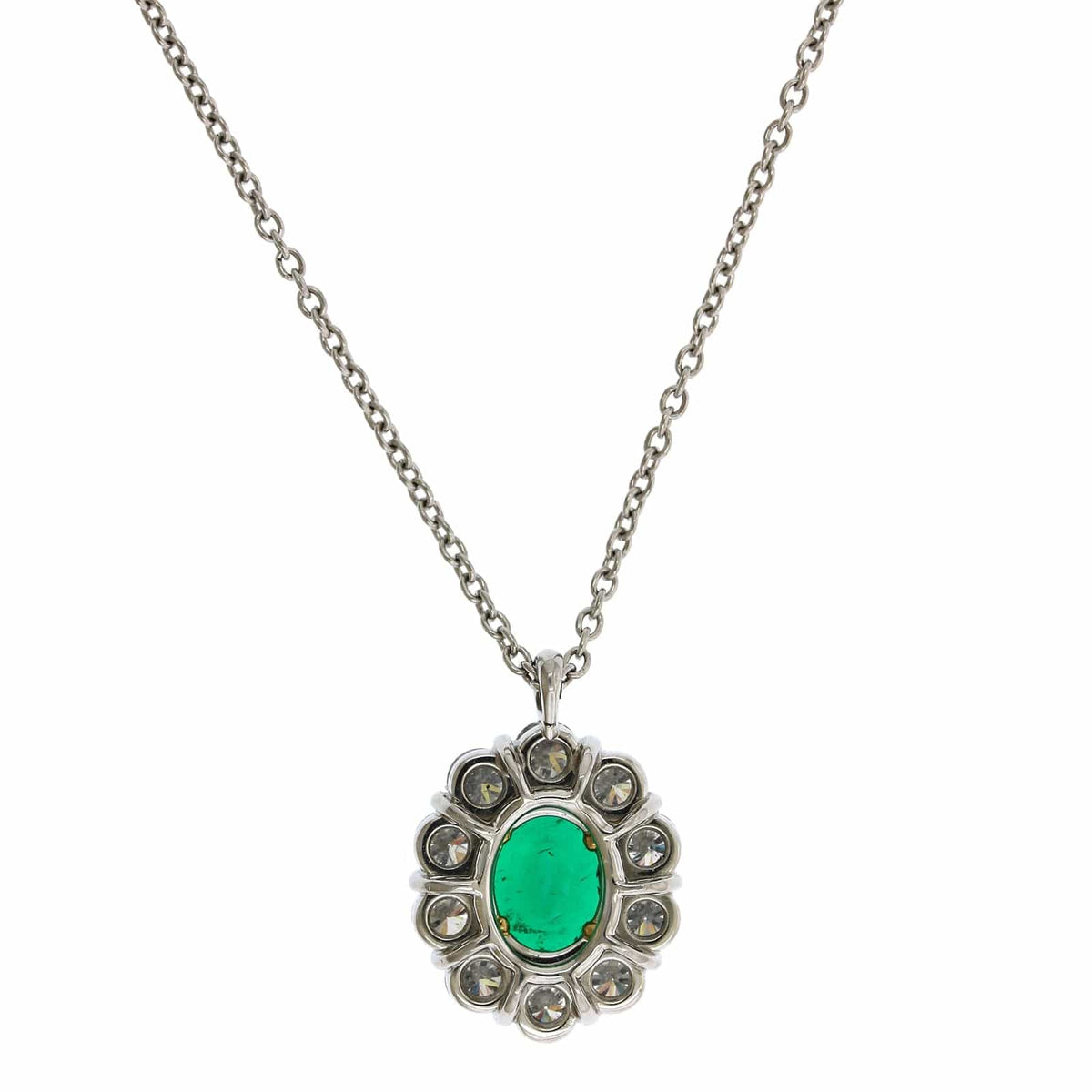 Platinum Oval Emerald Diamond Halo Pendant