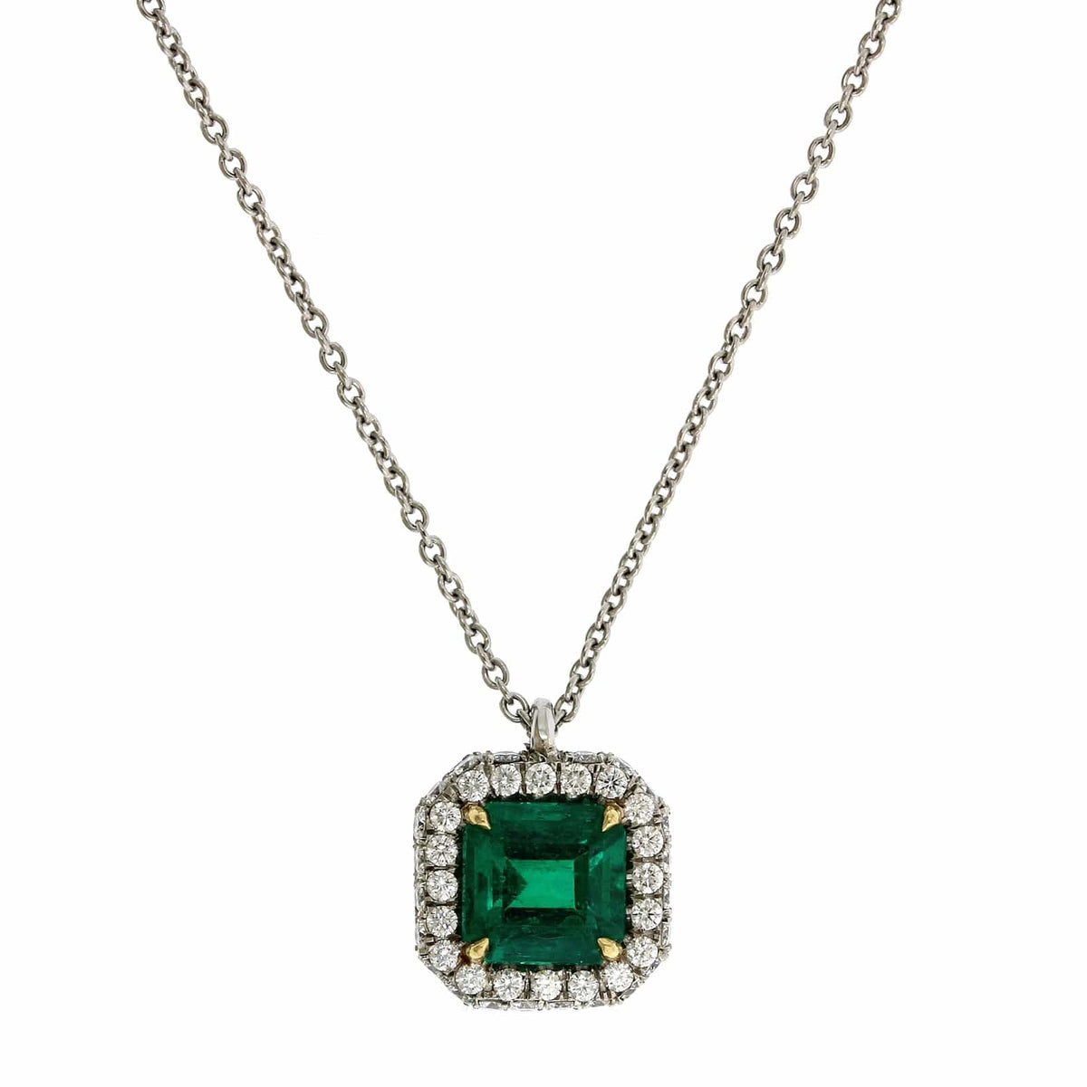 Platinum Emerald Diamond Halo Pendant