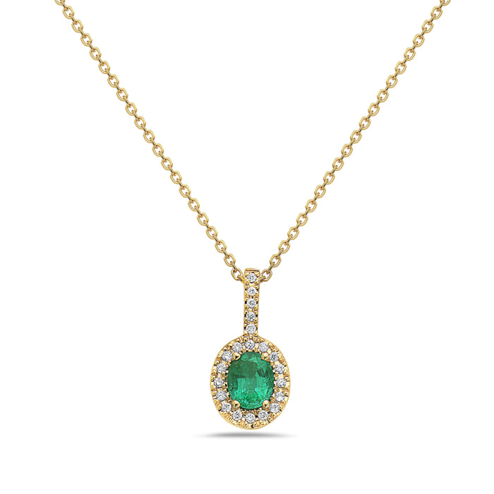 14K Yellow Gold Emerald and Diamond Halo Necklace