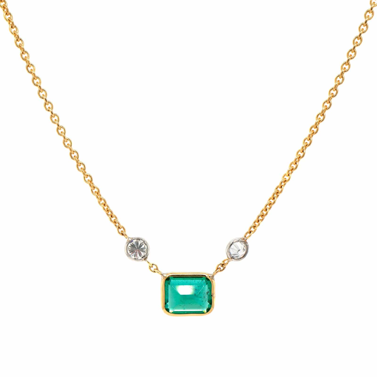 18K Yellow Gold & Platinum Diamond & Emerald Pendant Necklace