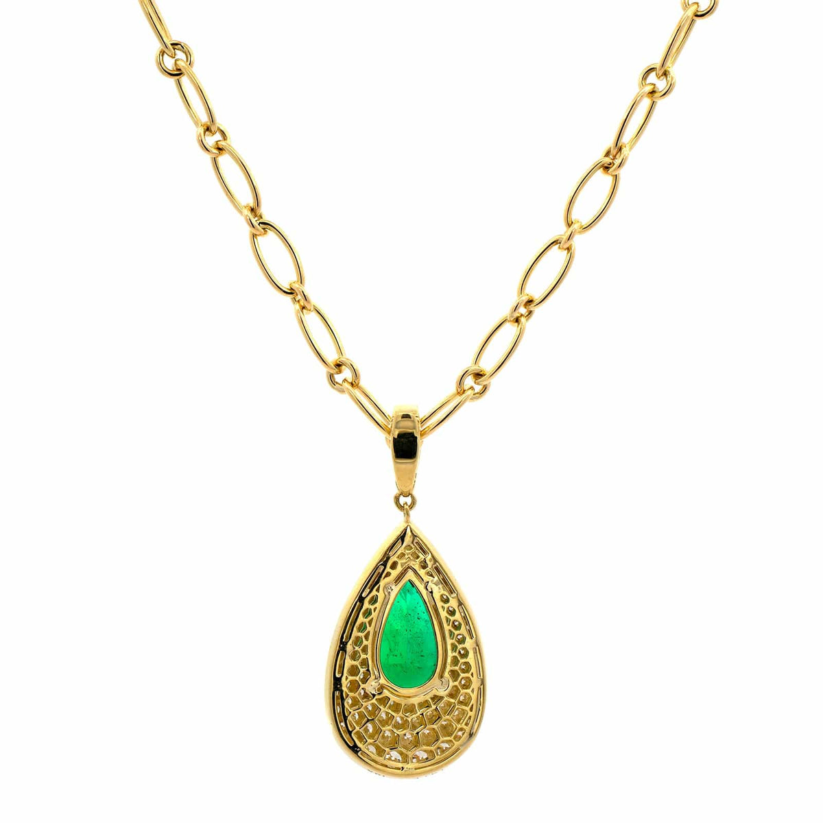 18K Yellow Gold Pear Shaped Emerald and Diamond Pendant Necklace