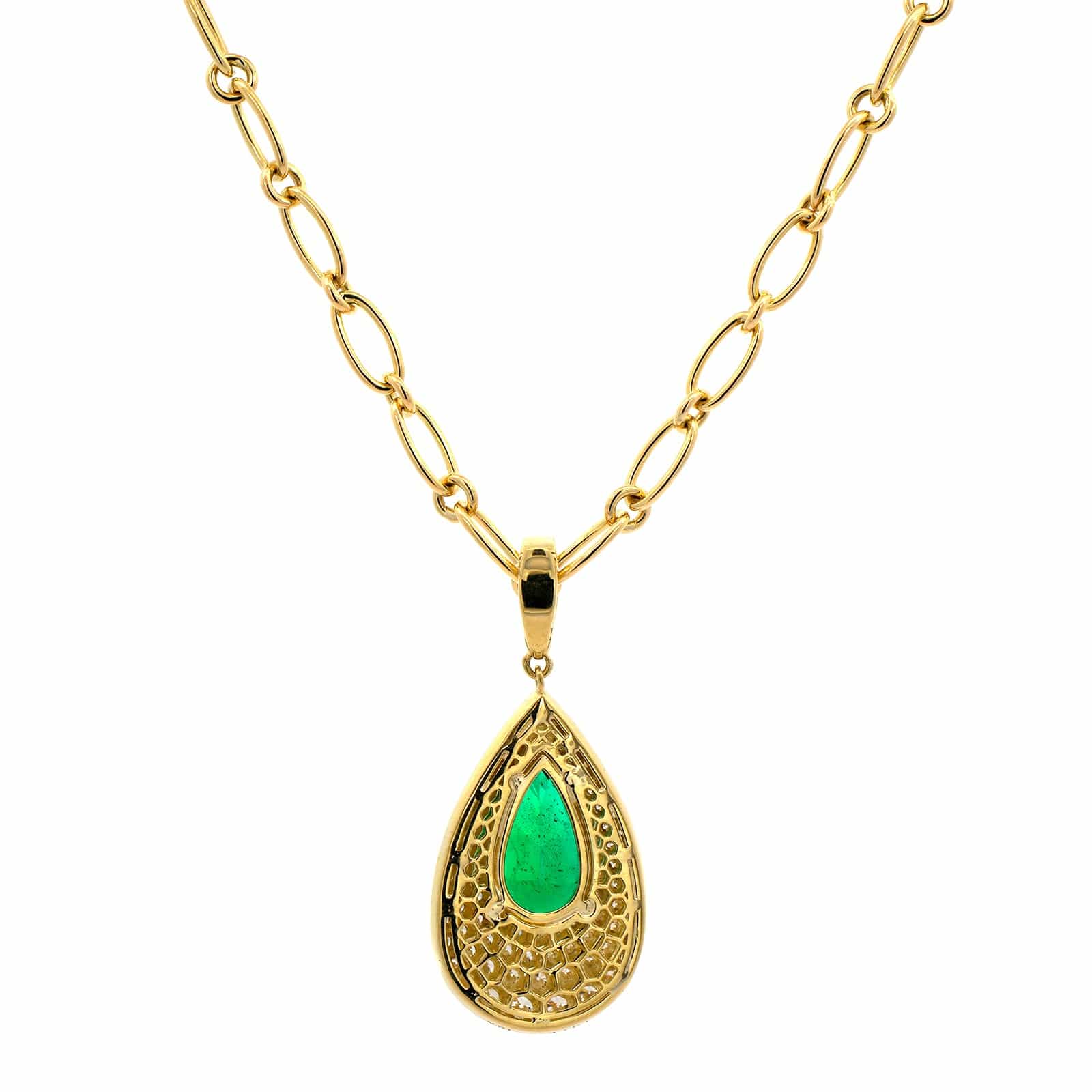 18K Yellow Gold Pear Shaped Emerald and Diamond Pendant Necklace