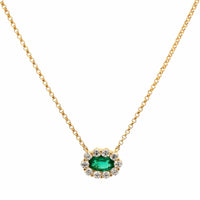 18K Yellow Gold Oval Emerald and Diamond Halo Pendant Necklace