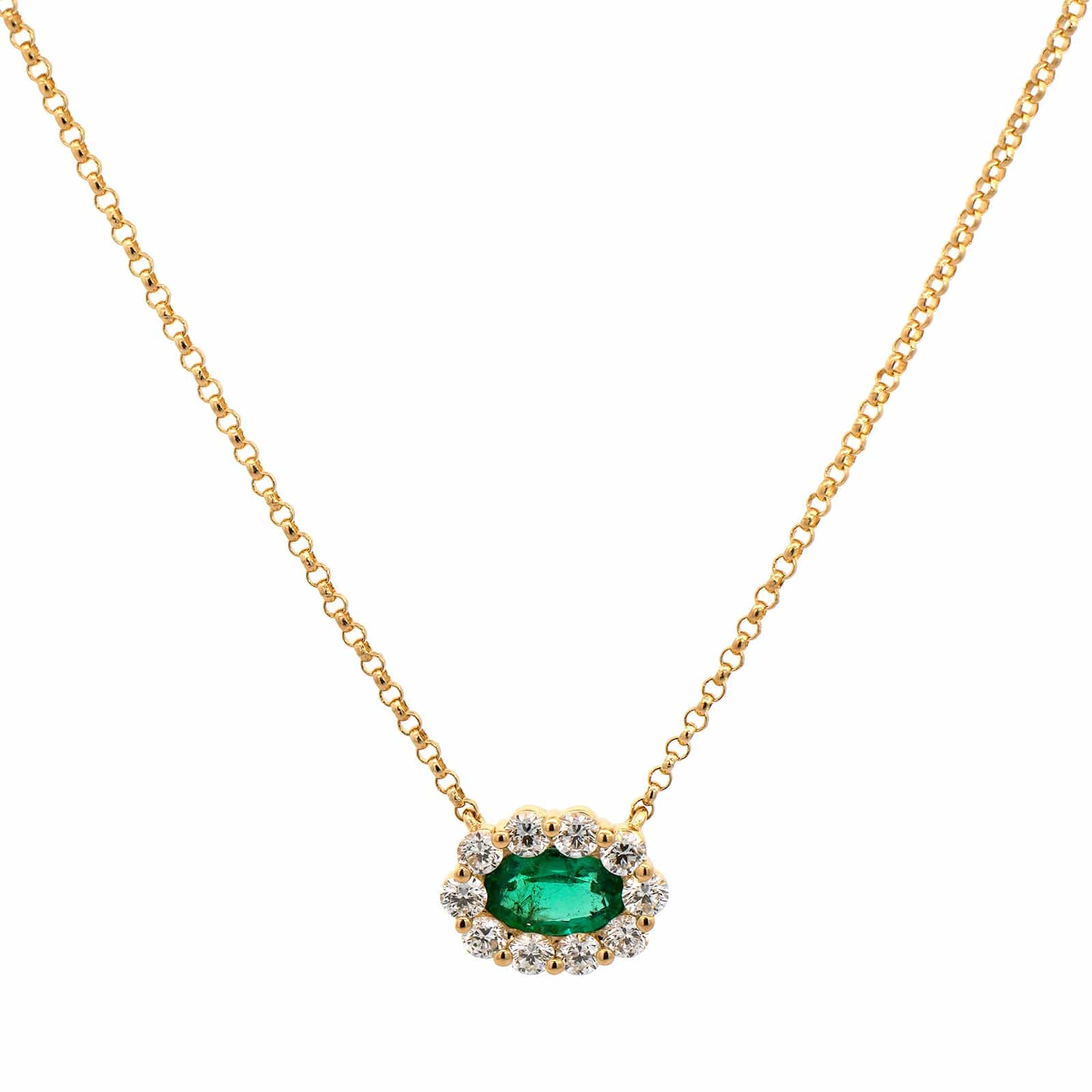 18K Yellow Gold Oval Emerald and Diamond Halo Pendant Necklace