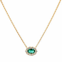 14K Yellow Gold Oval Emerald and Diamond Halo Necklace