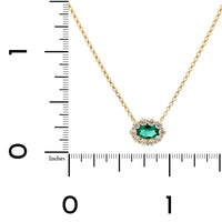 14K Yellow Gold Oval Emerald and Diamond Halo Necklace