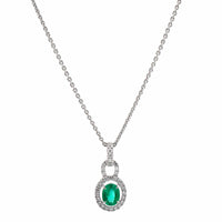 18K White Gold Oval Emerald and Diamond Halo Necklace