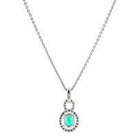 18K White Gold Oval Emerald and Diamond Halo Necklace