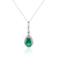 18K White Gold Pear Shaped Emerald and Diamond Pendant Necklace