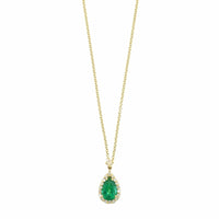 18K Yellow Gold Pear Shaped Emerald and Diamond Halo Necklace