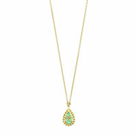 18K Yellow Gold Pear Shaped Emerald and Diamond Halo Necklace