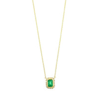 18K Yellow Gold Emerald and Diamond Halo Necklace