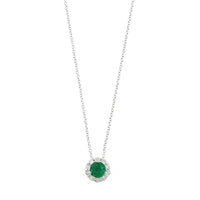 18K White Gold Round Emerald and Diamond Halo Necklace
