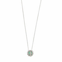 18K White Gold Round Emerald and Diamond Halo Necklace