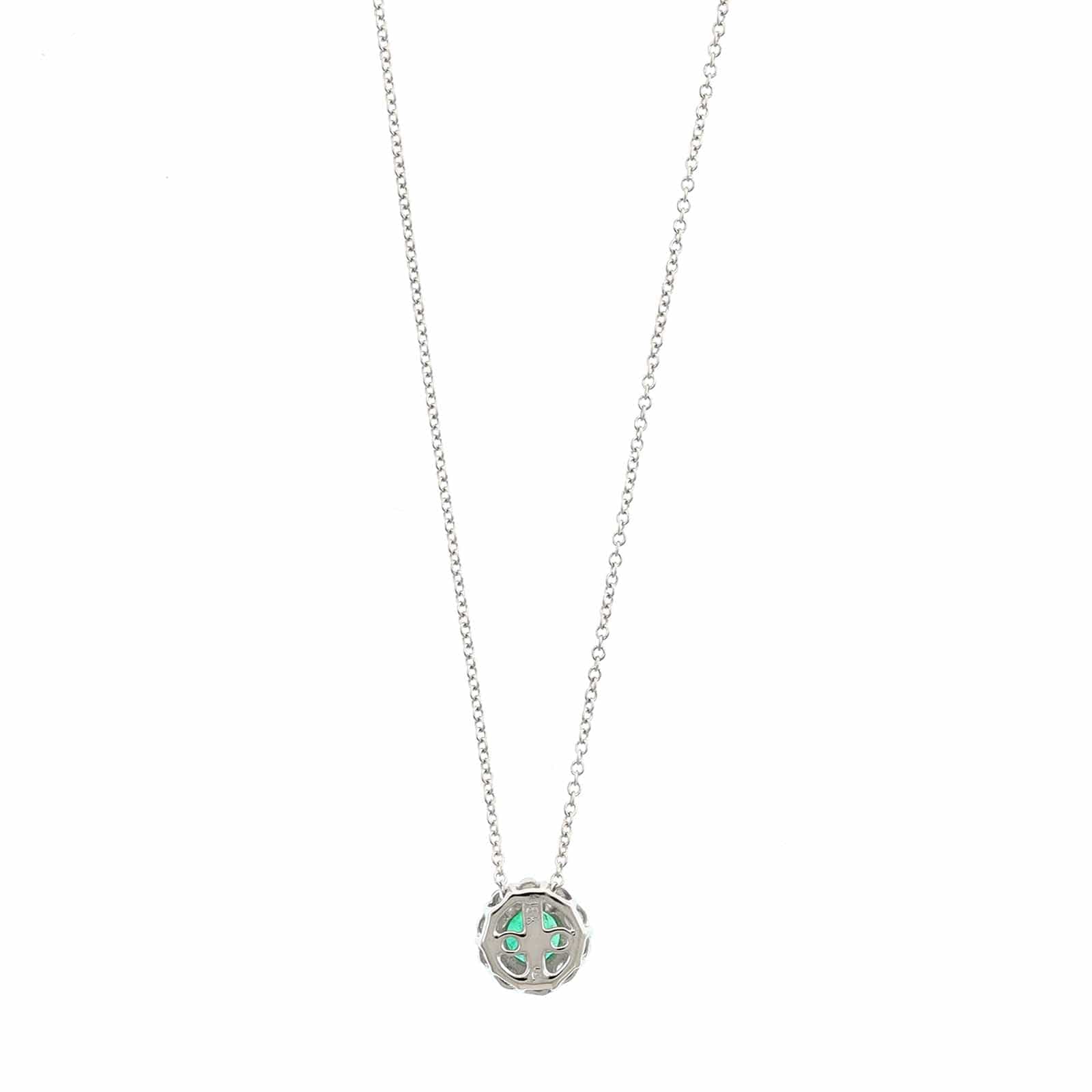 18K White Gold Round Emerald and Diamond Halo Necklace