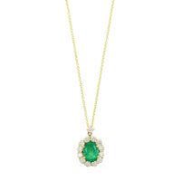 18K Yellow Gold Oval Emerald and Diamond Halo Necklace