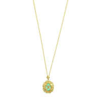 18K Yellow Gold Oval Emerald and Diamond Halo Necklace