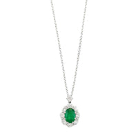 18K White Gold Oval Emerald and Diamond Halo Necklace