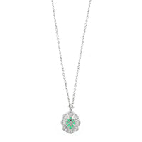 18K White Gold Oval Emerald and Diamond Halo Necklace
