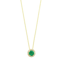 18K Yellow Gold Round Emerald and Diamond Halo Necklace