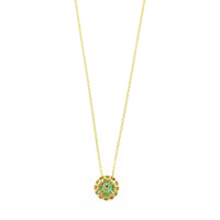 18K Yellow Gold Round Emerald and Diamond Halo Necklace