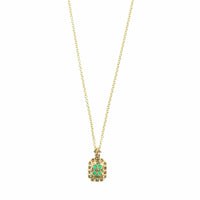 18K Yellow Gold Emerald and Diamond Halo Necklace