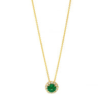 18K Yellow Gold Round Emerald and Diamond Halo Necklace