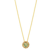 18K Yellow Gold Round Emerald and Diamond Halo Necklace