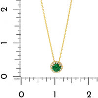 18K Yellow Gold Round Emerald and Diamond Halo Necklace