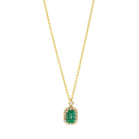 18K Yellow Gold Emerald and Diamond Halo Necklace
