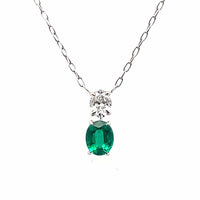 18K White Gold Oval Emerald and Diamond Necklace