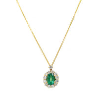 18K Yellow Gold Oval Emerald and Diamond Halo Necklace