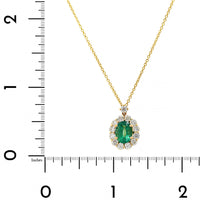 18K Yellow Gold Oval Emerald and Diamond Halo Necklace