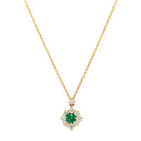18K Yellow Gold Emerald and Diamond Halo Necklace
