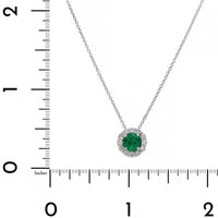 18K White Gold Round Emerald and Diamond Halo Necklace