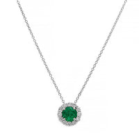 18K White Gold Round Emerald and Diamond Halo Necklace