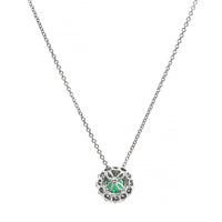 18K White Gold Round Emerald and Diamond Halo Necklace