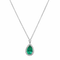 Platinum and 18K White Gold Pear Shaped Emerald and Diamond Halo Necklace