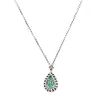 Platinum and 18K White Gold Pear Shaped Emerald and Diamond Halo Necklace